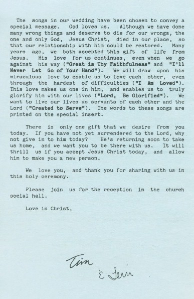 Back cover of Tim and Terri Palmquist's wedding program